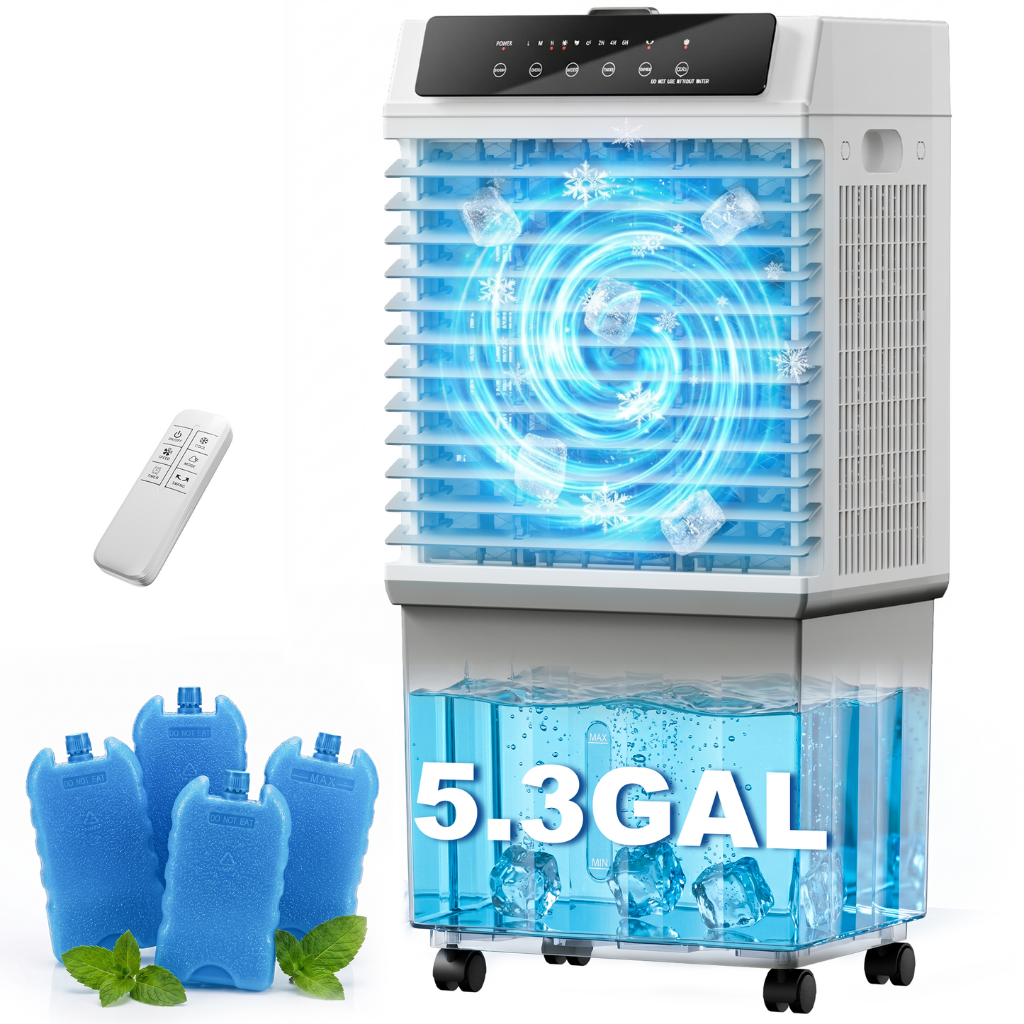 Swamp Cooler, 1800 CFM Evaporative Cooler,3 Speeds,4 Modes,120°Swing, 12H Timer,5.3 Gal Water Tank, 4 Ice Packs, 3-in-1 Evaporative Air Cooler for Indoor,Home,Bedroom,Living Room,Office(Light Grey)