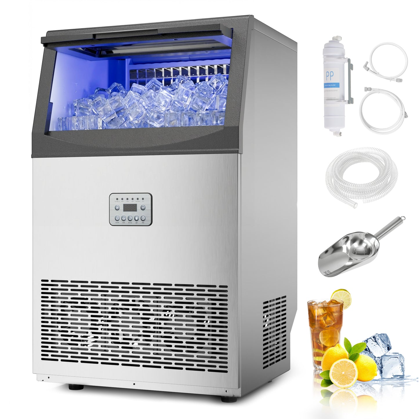 Commercial Ice Maker, 110Lbs/24H Stainless Steel Ice Machine with 33Lbs Storage, Under Counter & Freestanding Ice Makers with Self-Cleaning, 50 Cubes in 14 Mins for Home, Bar, Restaurant