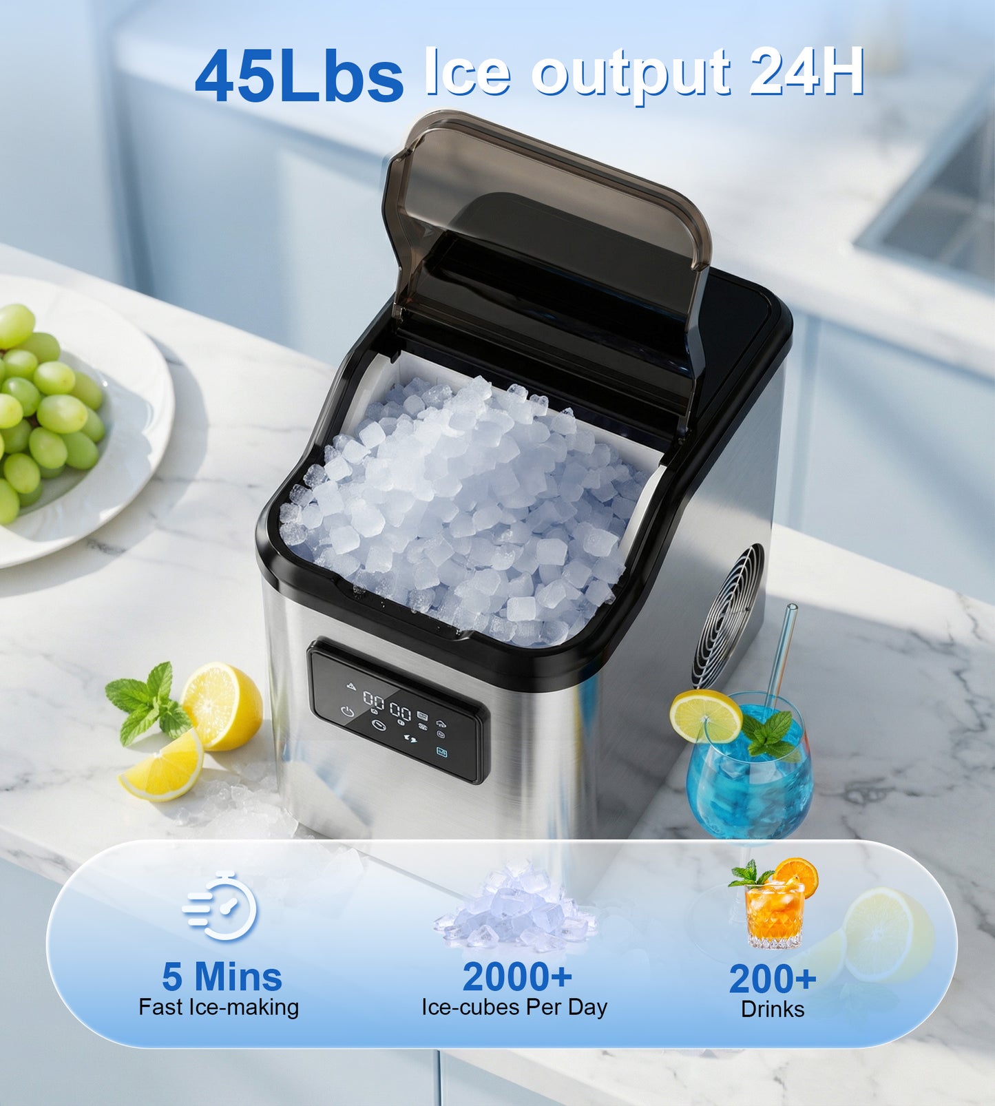 Mountman Nugget Ice Makers Countertop,45lbs/24H Soft Pellet Ice Maker Stainless,Portable Pebble Ice Machine,Self-Cleaning Chewable Sonic Ice for Home,Kitchen,Office