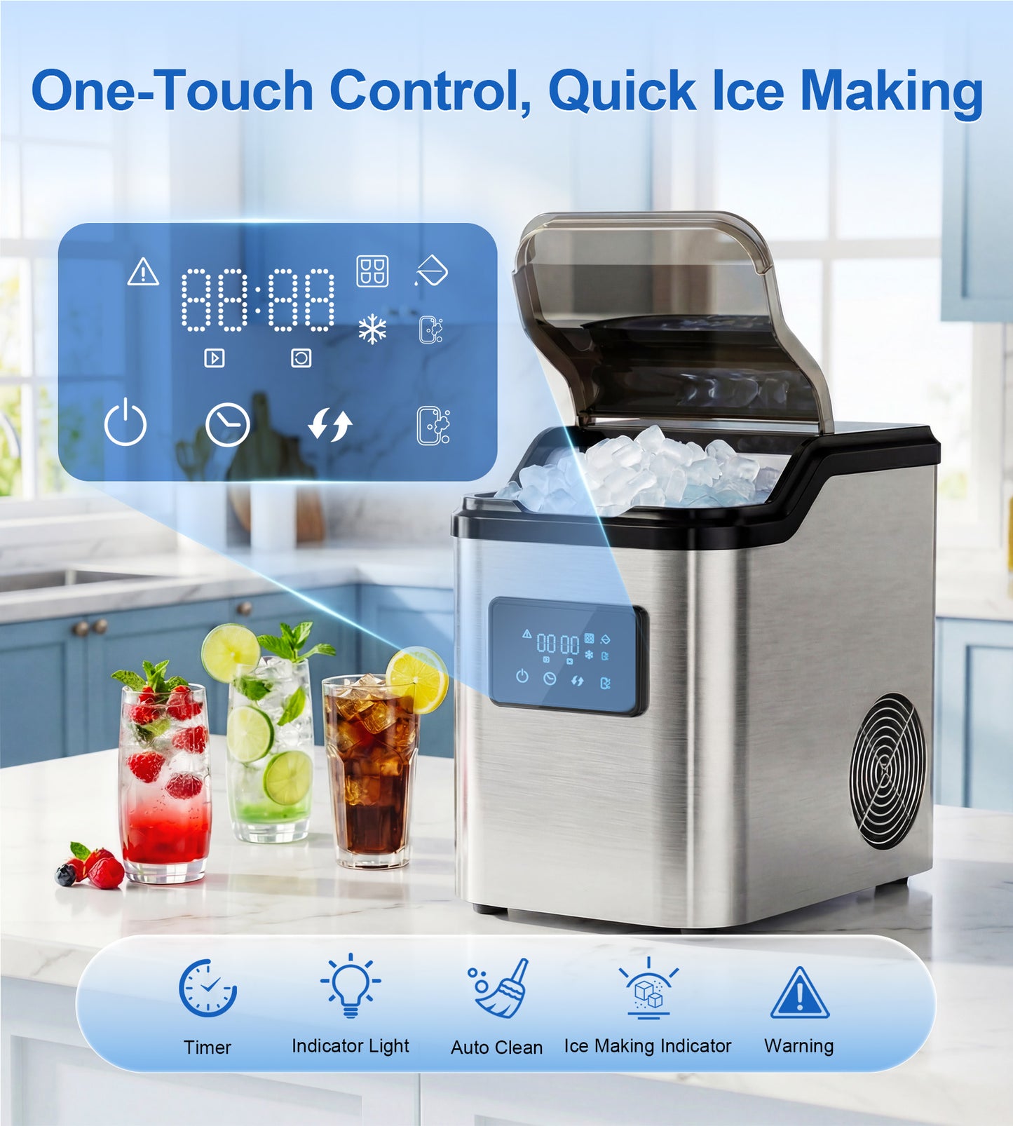 Mountman Nugget Ice Makers Countertop,45lbs/24H Soft Pellet Ice Maker Stainless,Portable Pebble Ice Machine,Self-Cleaning Chewable Sonic Ice for Home,Kitchen,Office