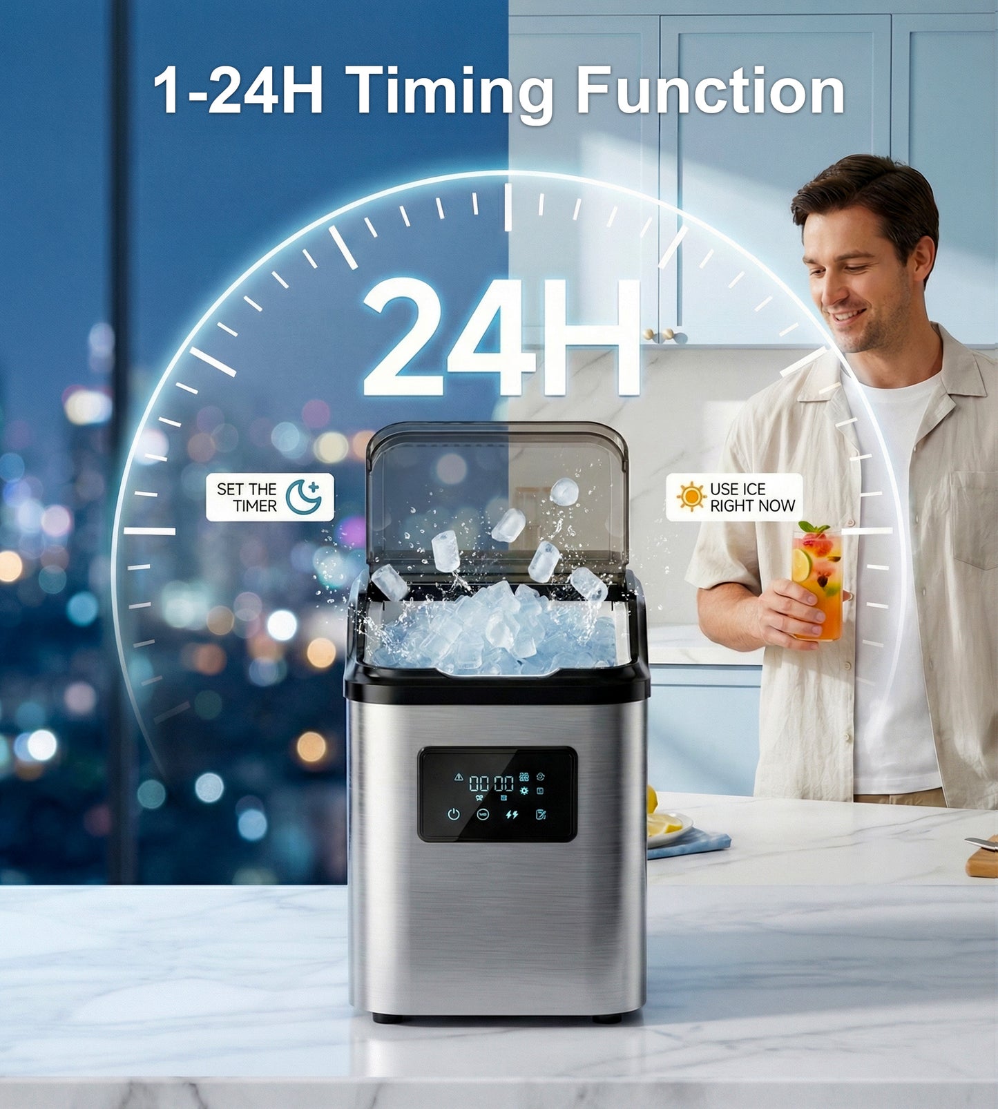 Mountman Nugget Ice Makers Countertop,45lbs/24H Soft Pellet Ice Maker Stainless,Portable Pebble Ice Machine,Self-Cleaning Chewable Sonic Ice for Home,Kitchen,Office