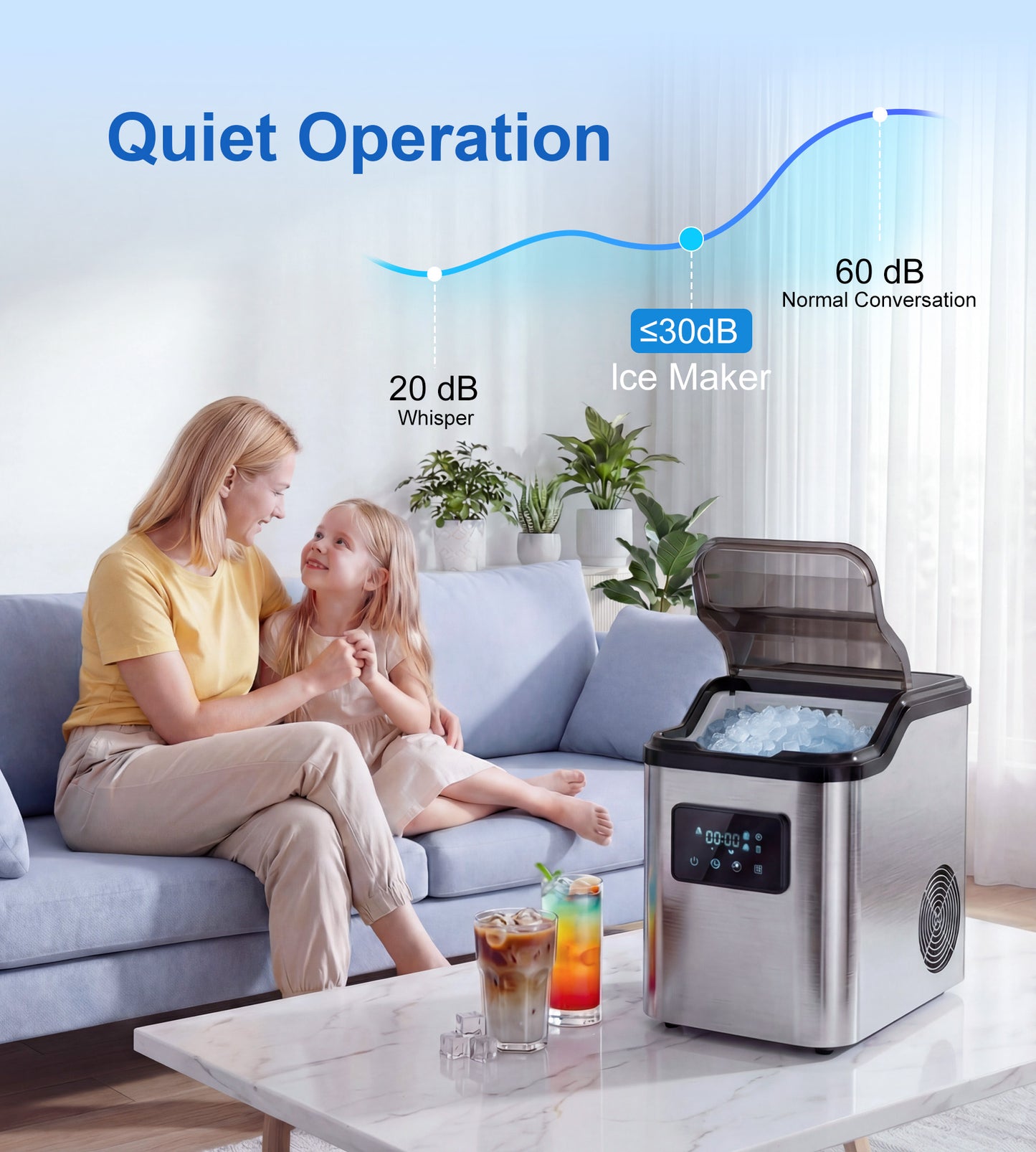 Mountman Nugget Ice Makers Countertop,45lbs/24H Soft Pellet Ice Maker Stainless,Portable Pebble Ice Machine,Self-Cleaning Chewable Sonic Ice for Home,Kitchen,Office