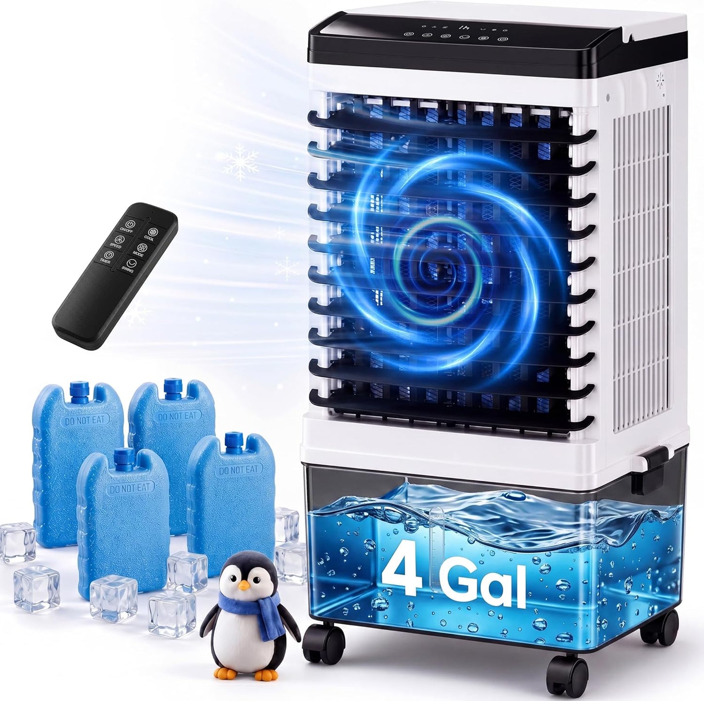 Air Cooler, Windowless Portable Air Conditioner with 4 Ice Packs, Water Tank, Swamp Cooler with Remote, 120° Swing, Cooling Fan for Bedroom