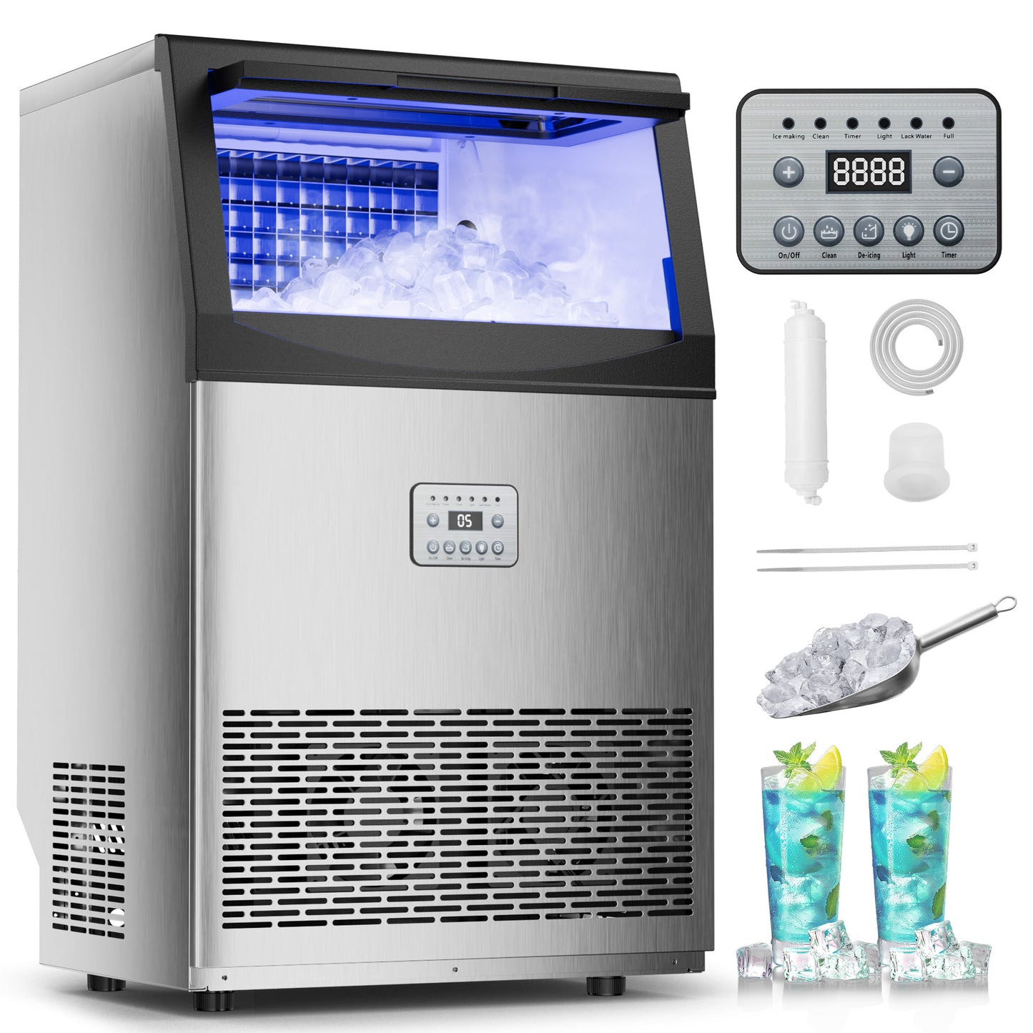 Commercial Ice Maker,100lbs/24H,Stainless Steel Under Counter Ice Machine with Water Filter,33lbs Storage Capacity,