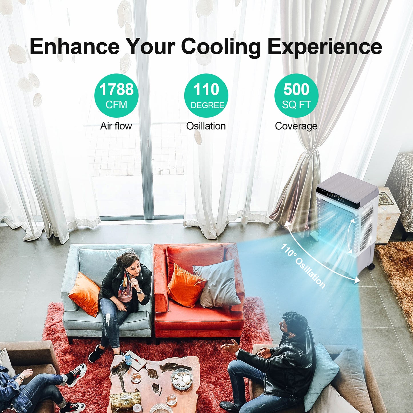 Swamp Cooler with 5.3 Gal Water Tank, Remote Control, 12H Timer, 120° Oscillation,4 Ice Boxes, 2 Modes,3 Speeds, Portable Air Cooler for Indoor,Outdoor