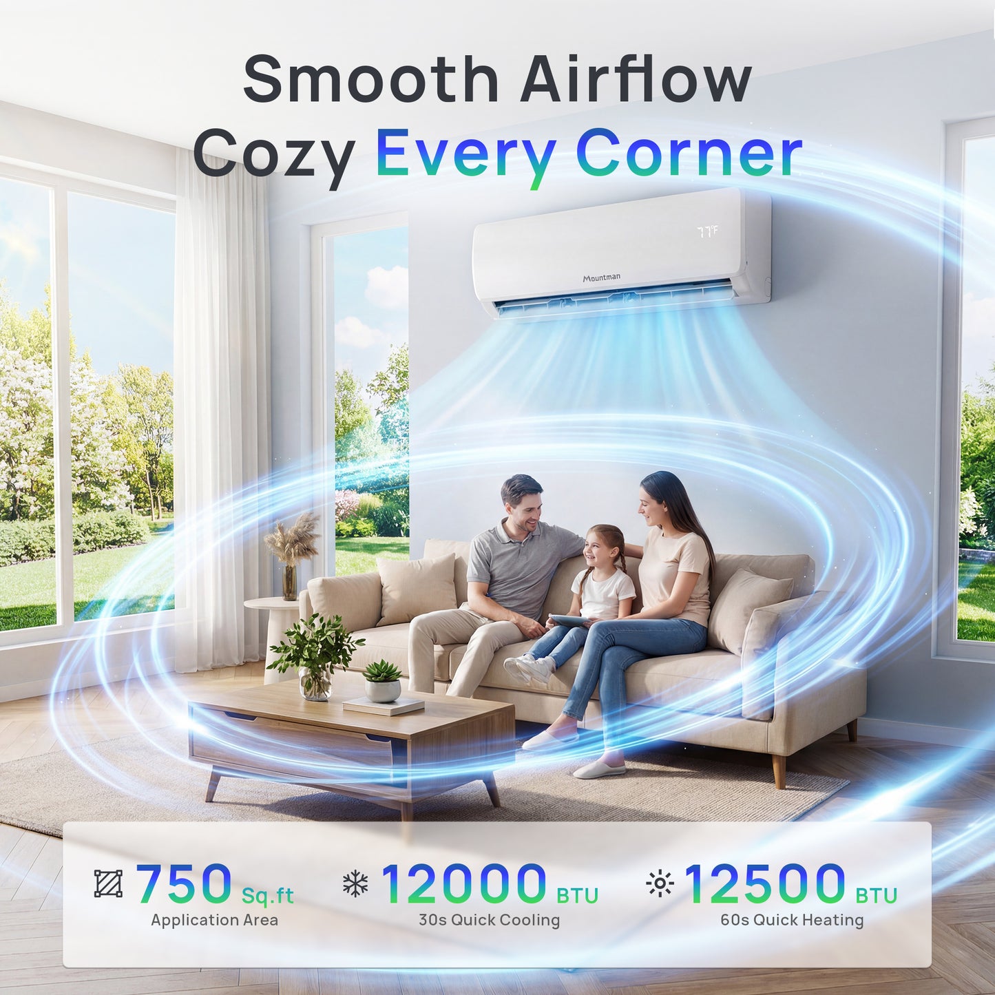 Mountman 12000 BTU Mini Split Air Conditioner and Heat Pump, 230V 19 SEER2 Ultra Quiet Ductless AC,Split AC Unit with Pre-Charged Condenser
