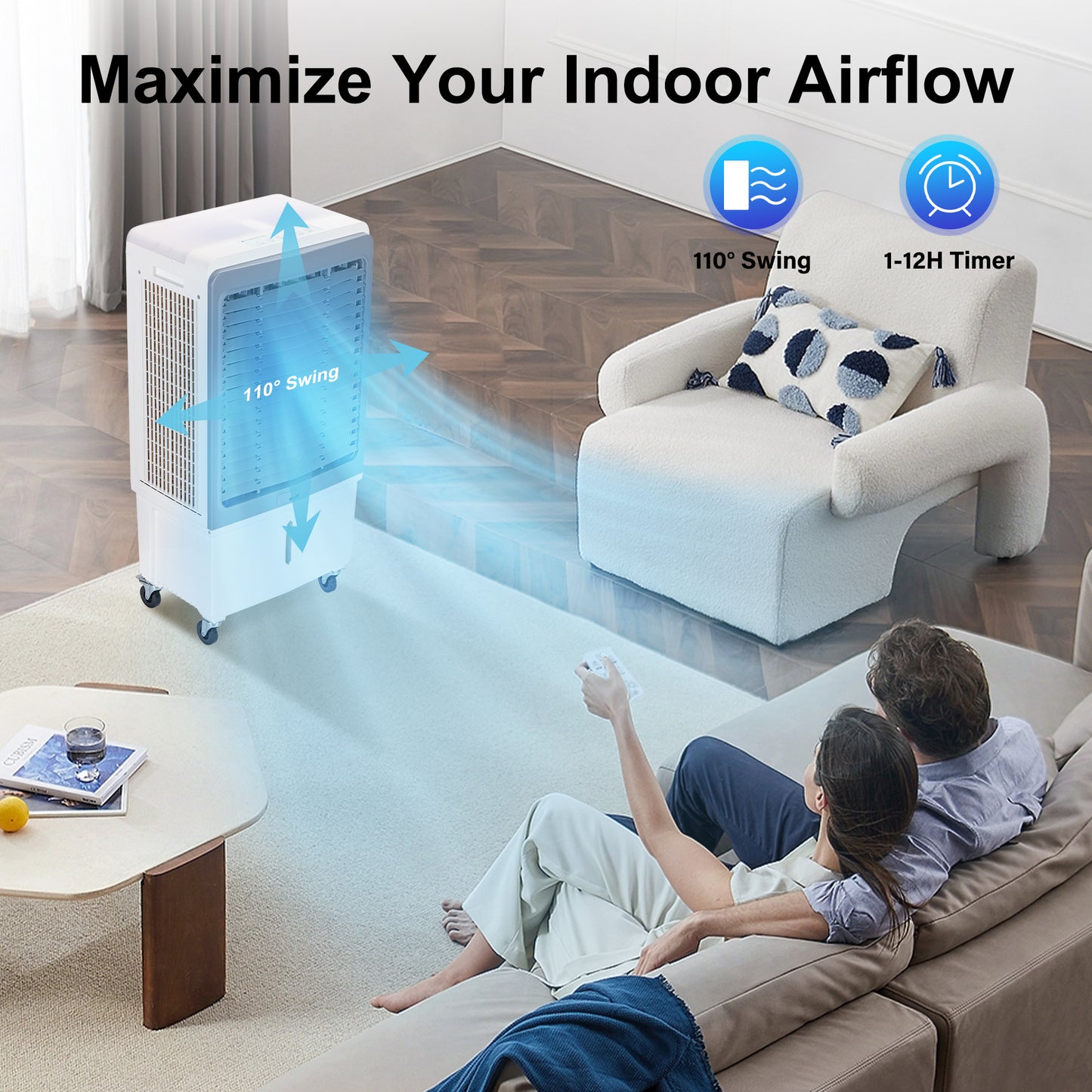 Evaporative Air Cooler,Portable Air Cooler with Water Level Alarm,Sliver Ion,13.6 Gal Water Tank,12H Timer,120°Oscillation for Patio, Yard, Porch, Outdoor,Commercial