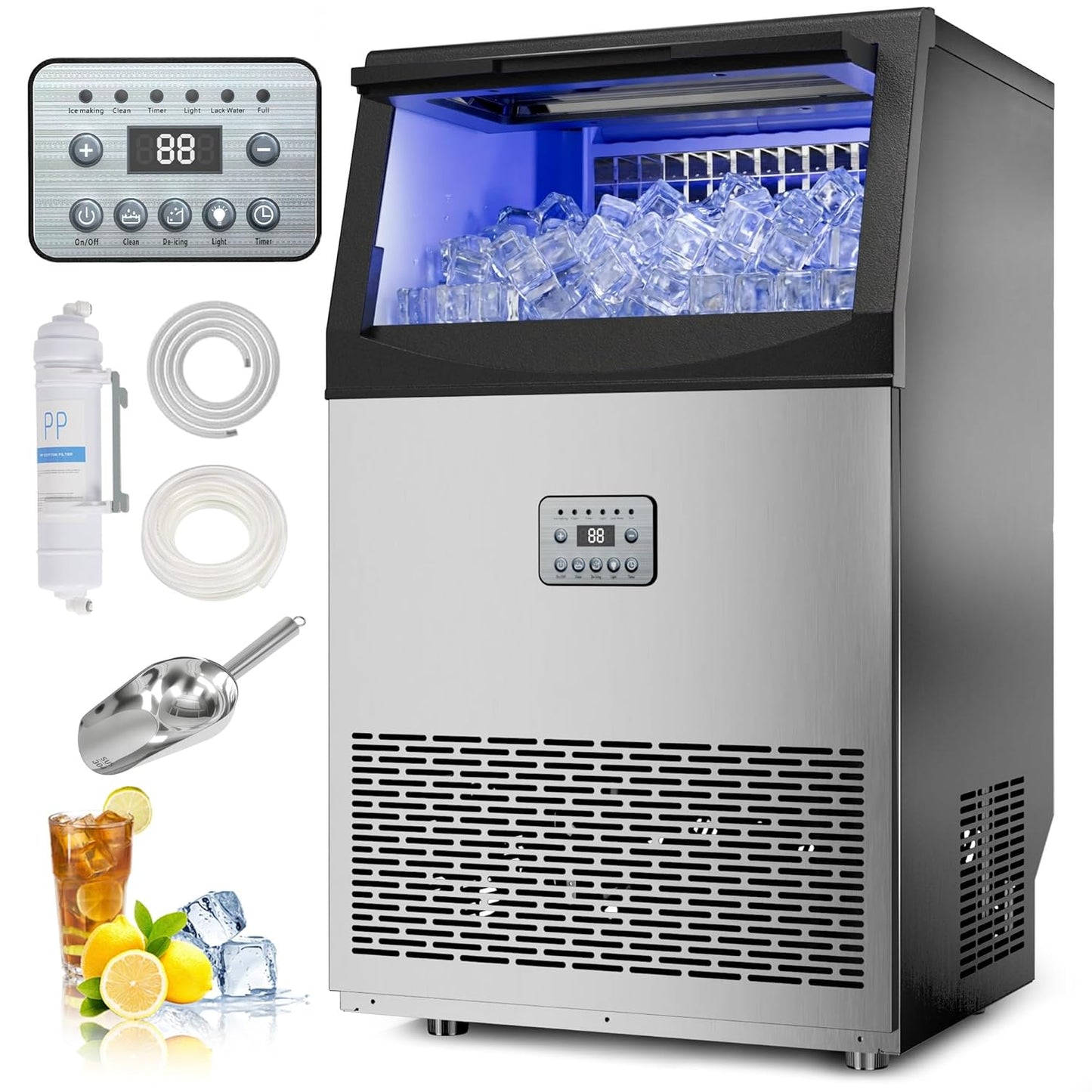 Commercial Ice Maker Machine 110Lbs/24H Stainless Steel Ice Maker with 33Lbs Storage, 50 Ice Cubes per Cycle, Self-Cleaning for Home Bar Restaurant