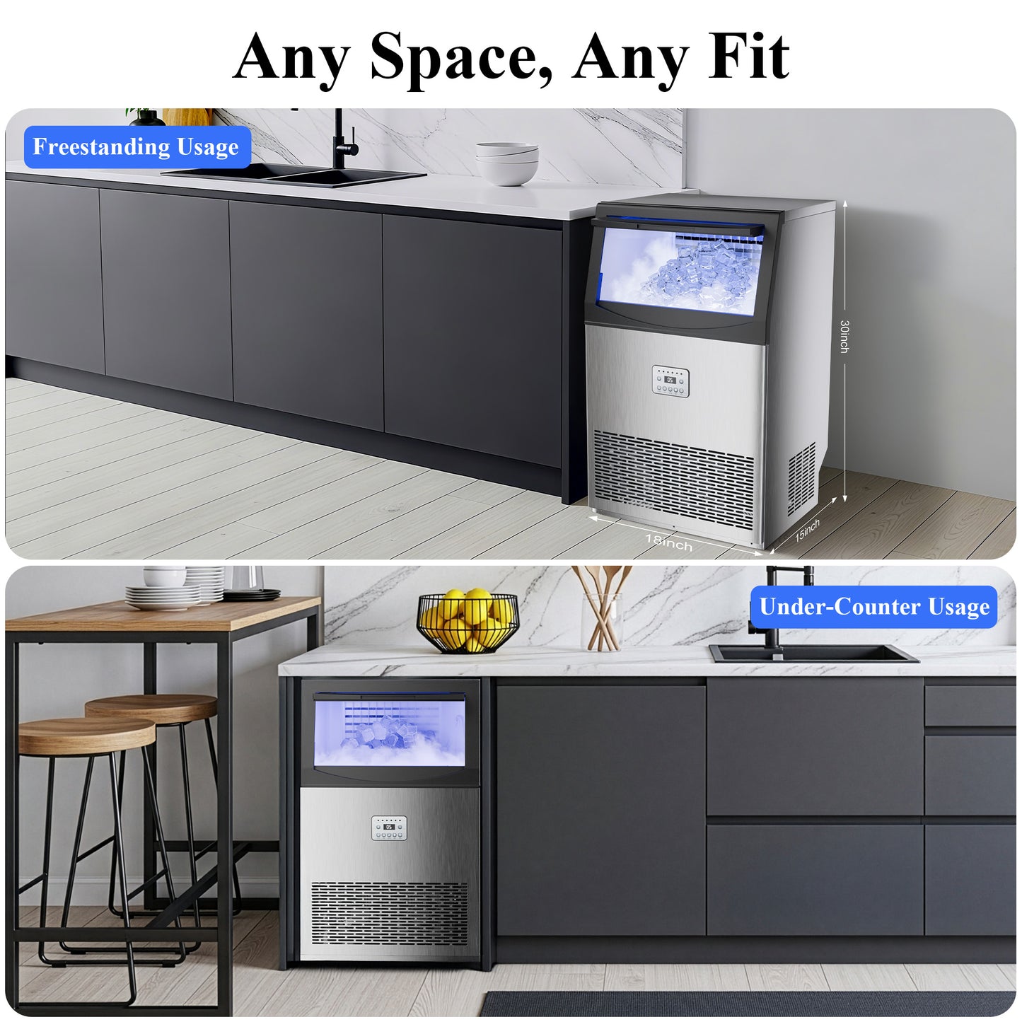 Commercial Ice Maker,100lbs/24H,Stainless Steel Under Counter Ice Machine with Water Filter,33lbs Storage Capacity,