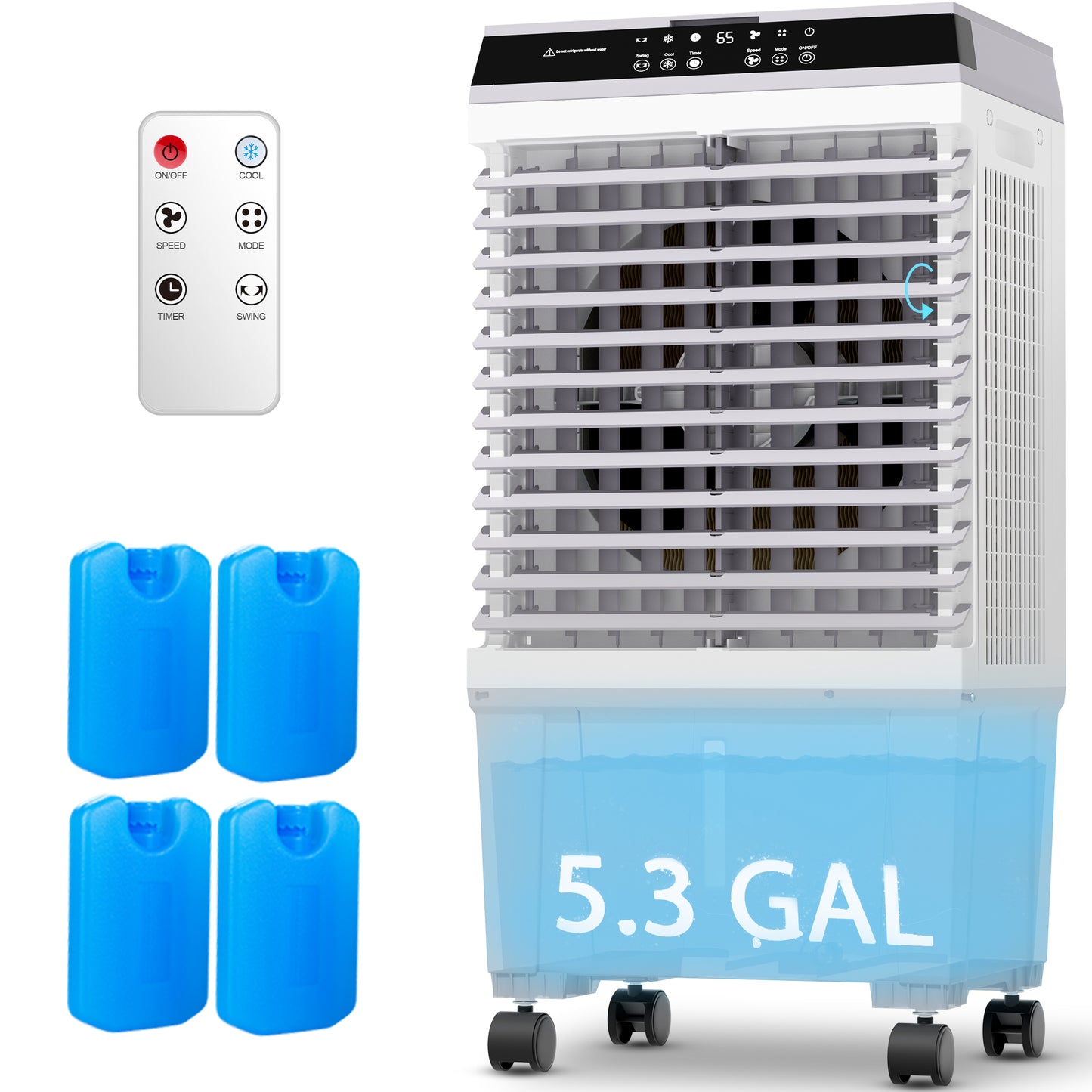 Swamp Cooler with 5.3 Gal Water Tank, Remote Control, 12H Timer, 120° Oscillation,4 Ice Boxes, 2 Modes,3 Speeds, Portable Air Cooler for Indoor,Outdoor
